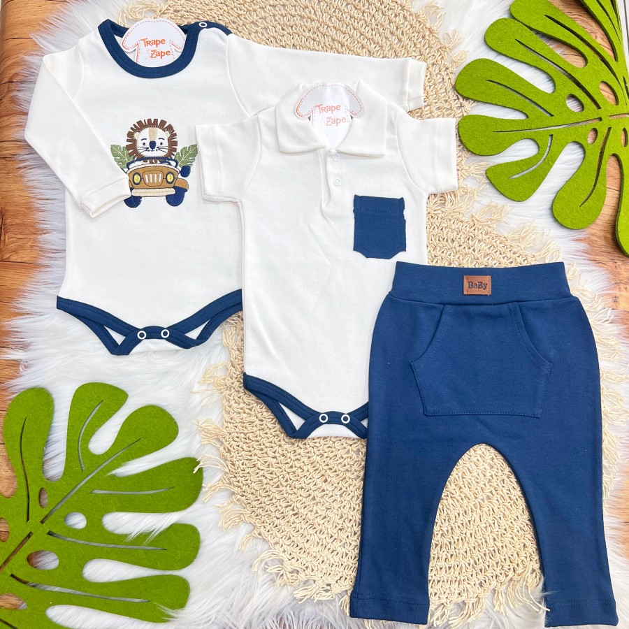 CONJ. DE MALHA 3 PEÇAS - Leãozinho com Jeep - Marinho e Off White